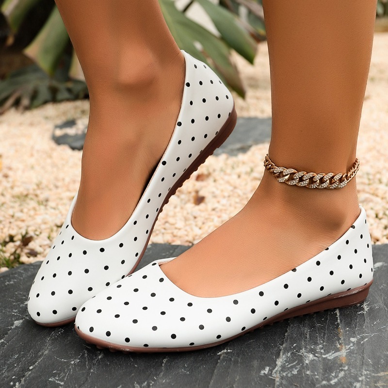 Women'S Fashion Loafers - Dames Witte Polka Dot Flats Ronde