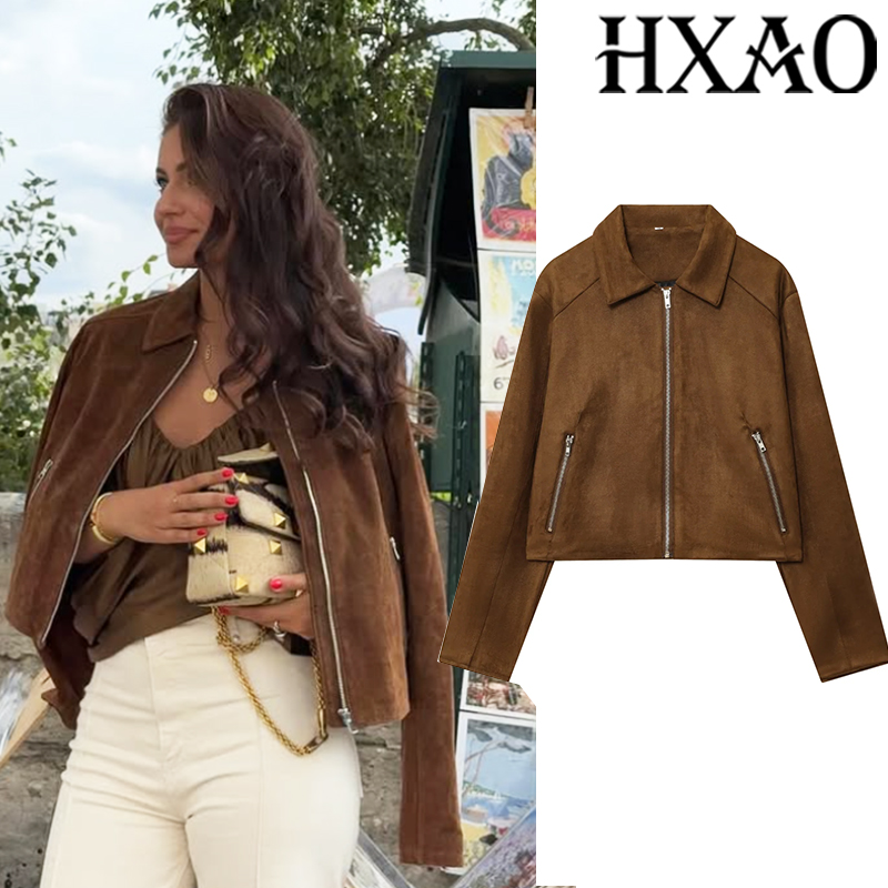 Women'S Fashion Bomber Jacket - HXAO Cropped Jas Suède Jas Dames