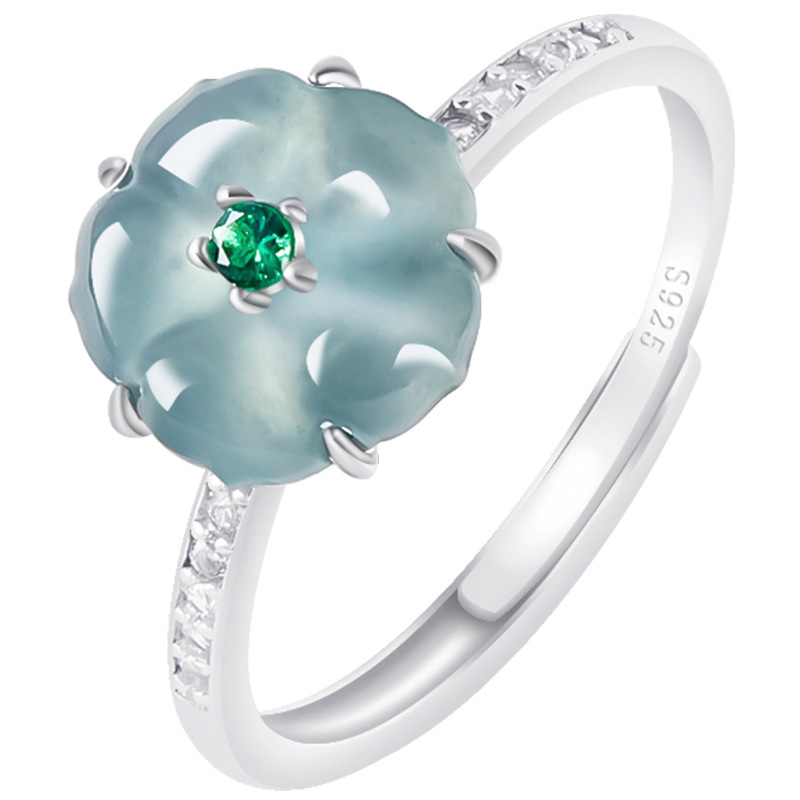 Women Fashion Rings - Blauwe Birmese Jadeiet Bloemenringen 925 Zilver