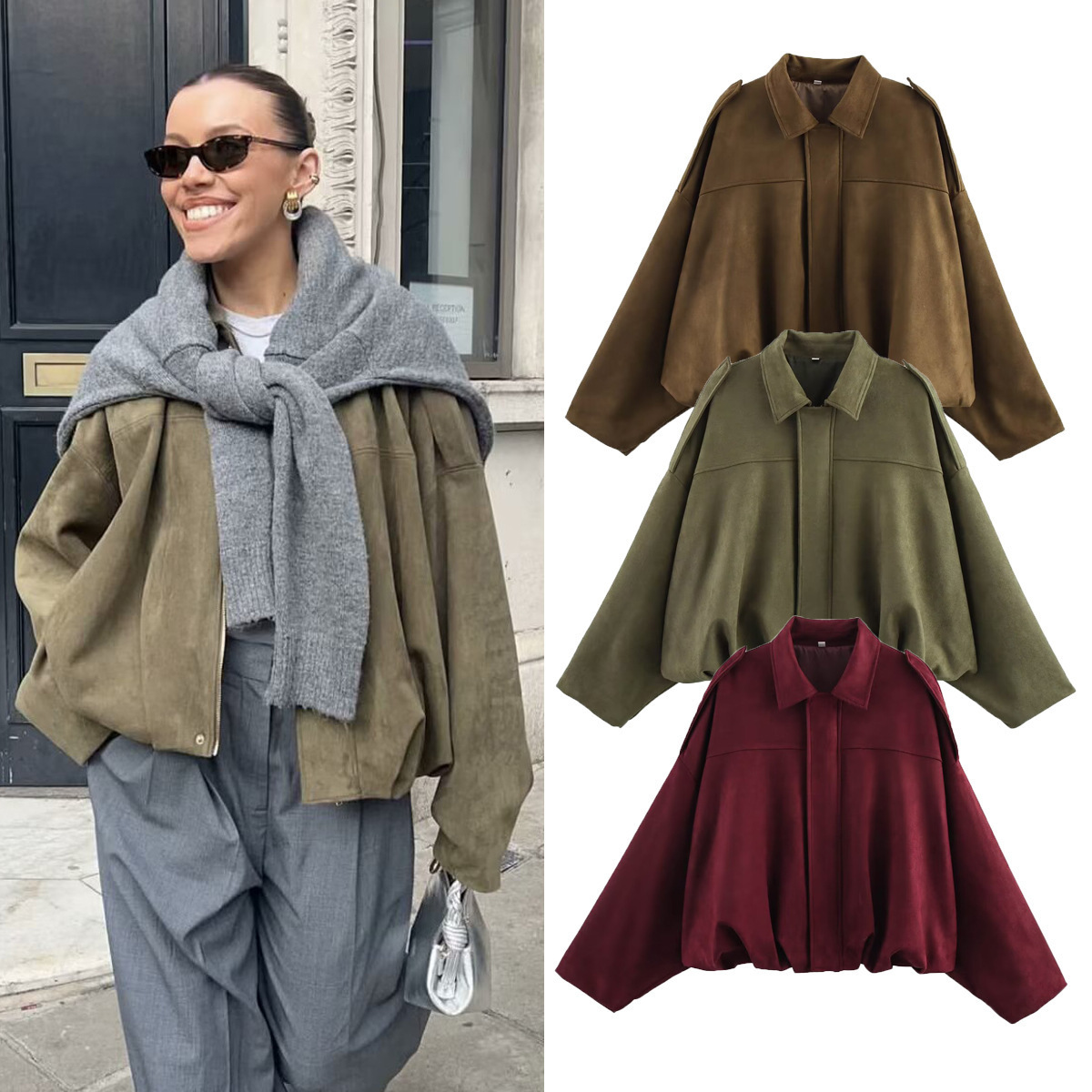 Women'S Fashion Bomber Jacket - Dames bomberjacks Suède textuurjassen Mode Turn-down