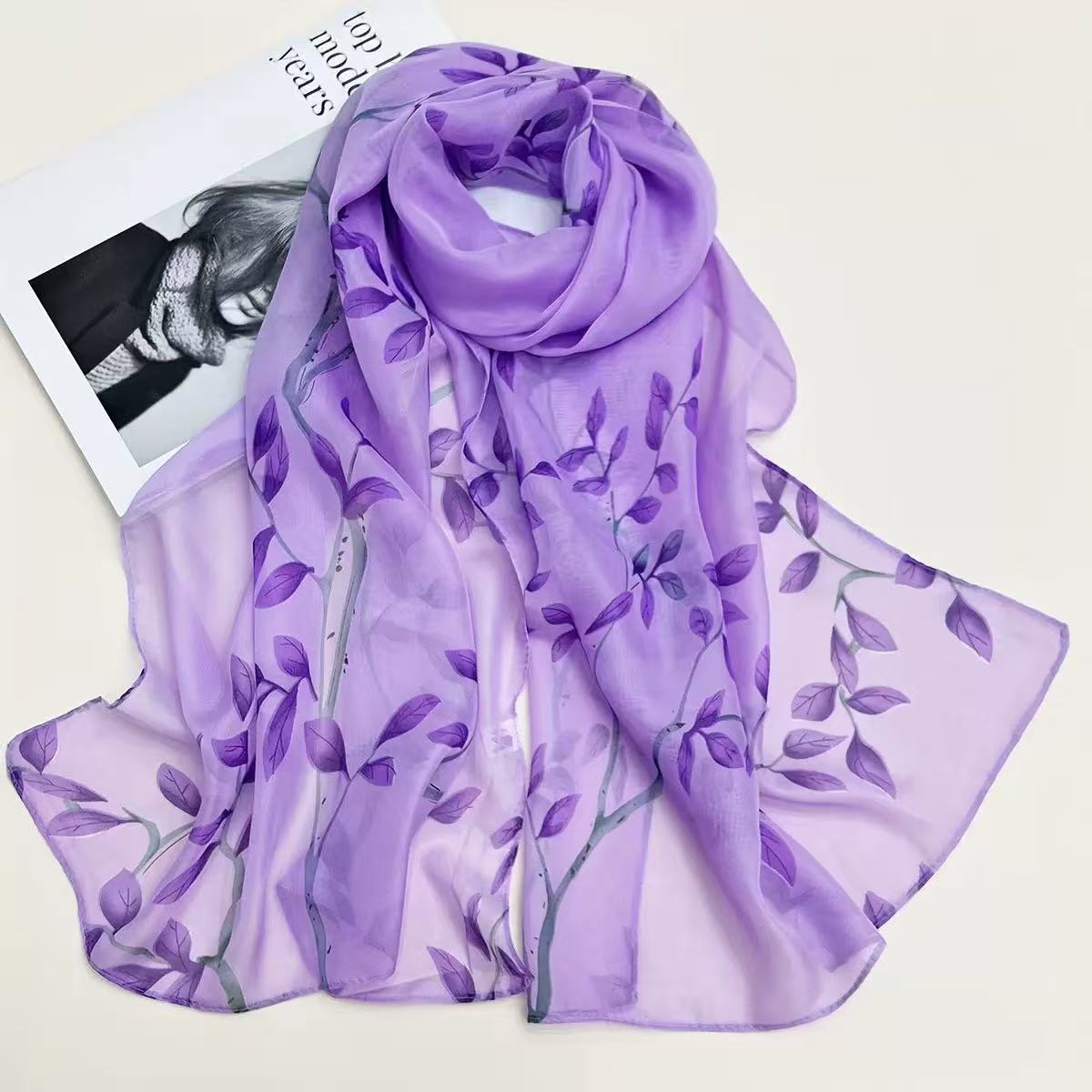 Printed Wrap Skirt - Bladprint zijdeachtige chiffon sjaal, lichtgewicht doorschijnende