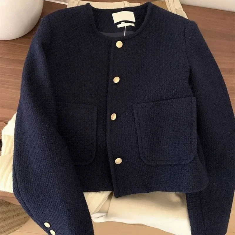 Women'S Fashion Quilted Jacket - Vintage stijl paarsblauw tweed jasje ronde