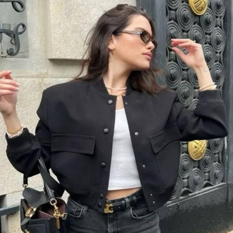 Women'S Fashion Bomber Jacket - HXAO Dames Bomberjack Crop Zwart Gebroken