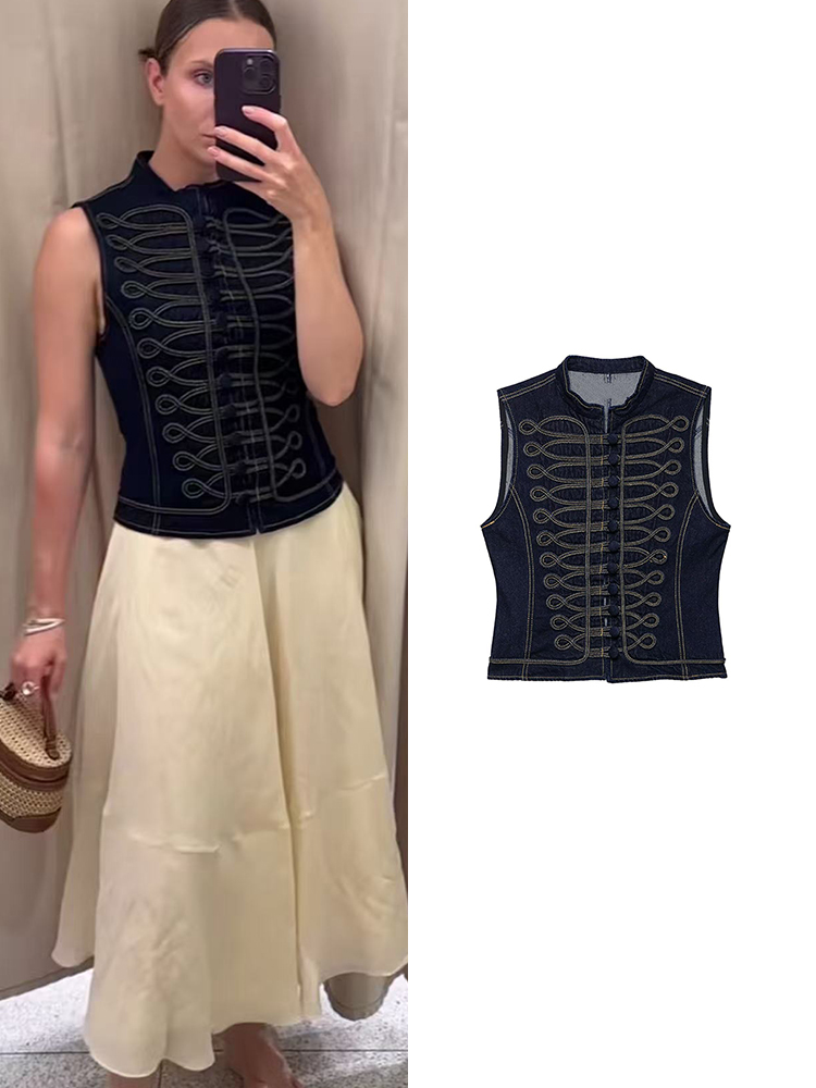 Women'S Fashion Quilted Jacket - TFMLN Dames geknoopt denim vest Vintage