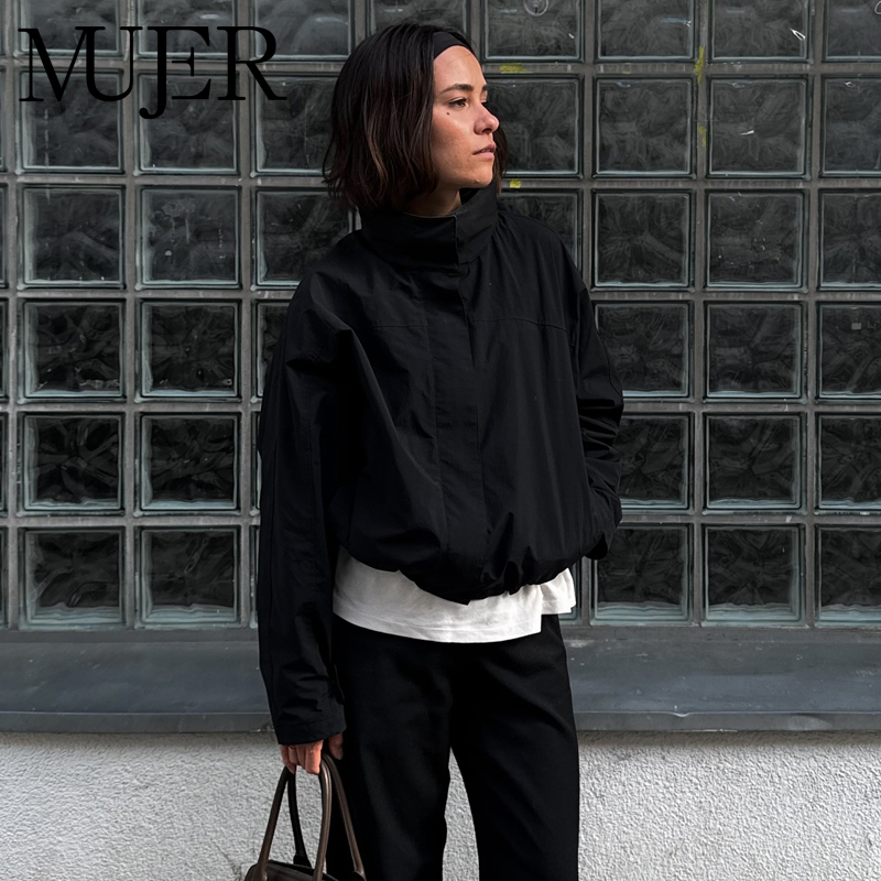 Women'S Fashion Bomber Jacket - MUJER Zwart Windjack Vrouw Zip Cropped