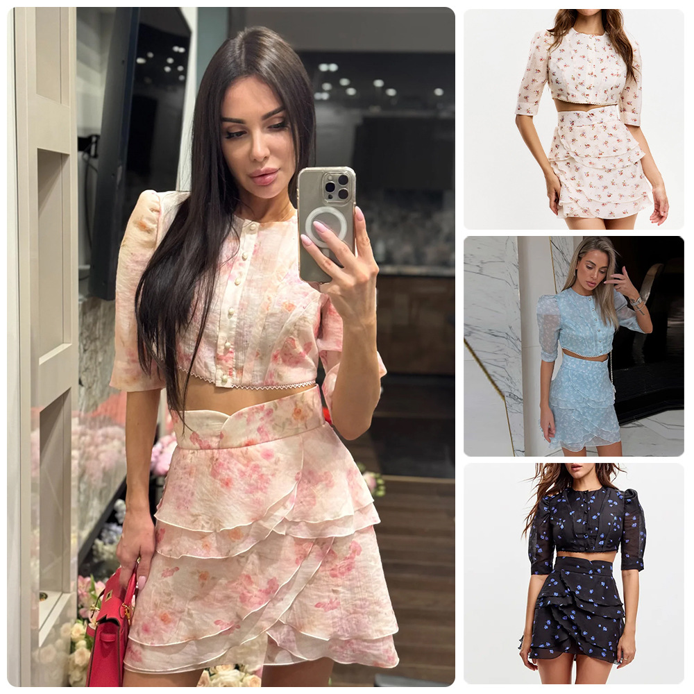 Printed Wrap Skirt - Bijpassende set met bloemenprint, ronde hals,