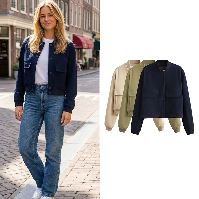 Women'S Fashion Bomber Jacket - Willshela Damesmode Effen Bomberjasjas Jas Met