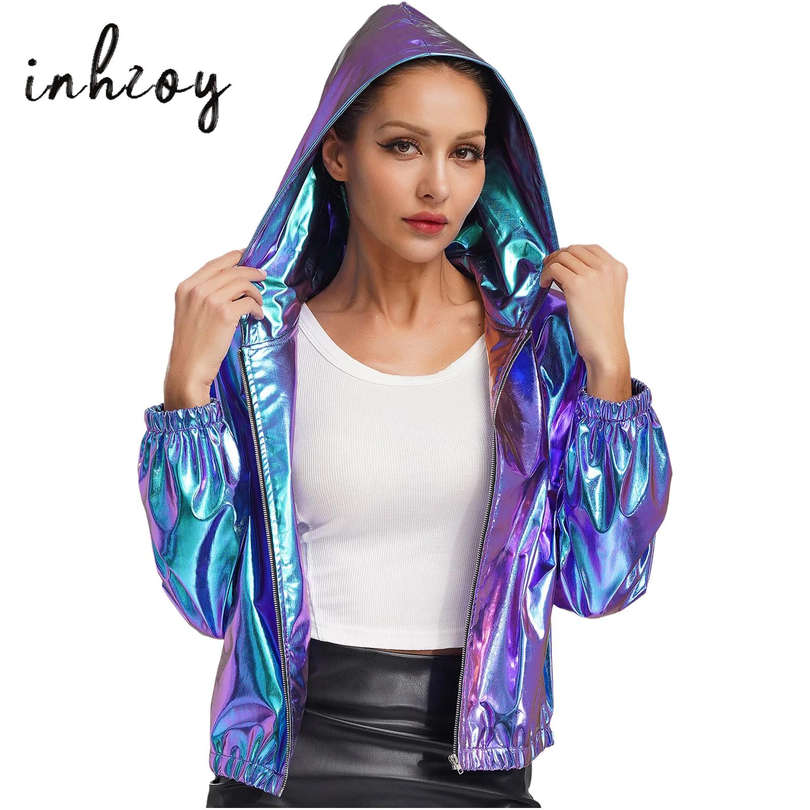 Women'S Fashion Bomber Jacket - Vrouwen Holografisch Bomberjack Lange Mouw Capuchon