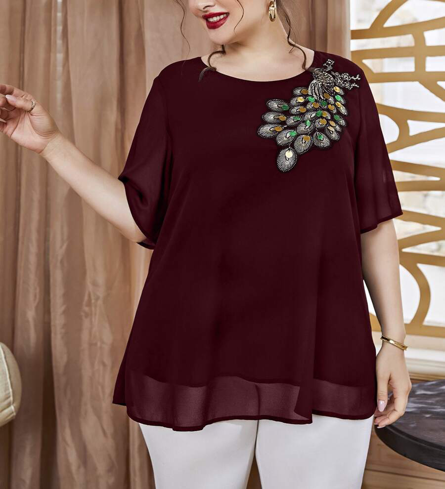 Grote maten geborduurde pauwto - Women'S Fashion Jersey recensie en prijs